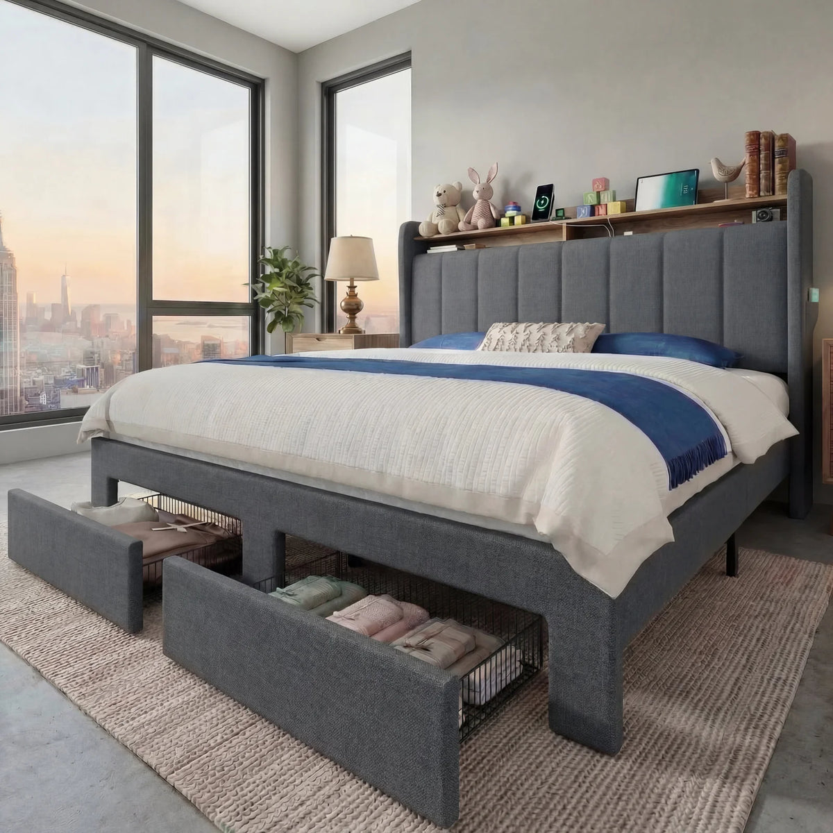 Hoomic Bed Frame With Led Lights Storage Drawers And Charger