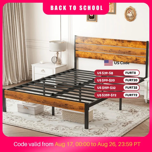 MCQ Heavy Duty Metal Platform Bed Frame With Wooden Headboard