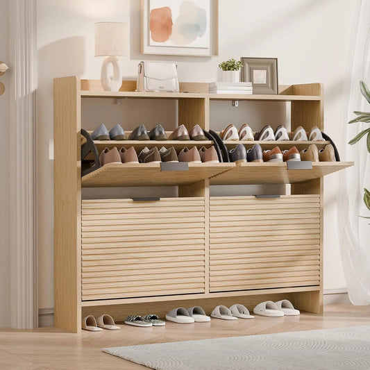 Entryway Fluted Shoe Storage Cabinet With Flip Drawers
