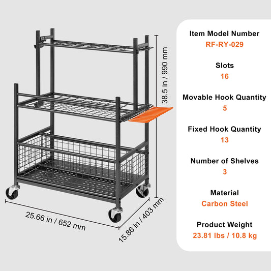 Garden Tool Organizer Rack With Hooks And Wheels For Garage