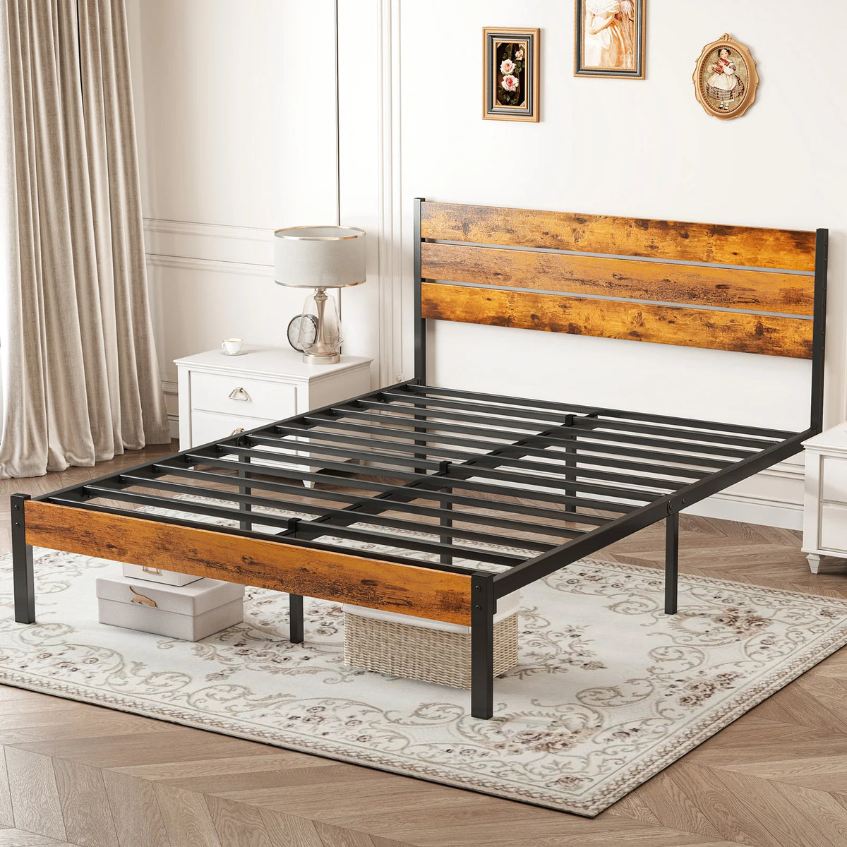 MCQ Heavy Duty Metal Platform Bed Frame With Wooden Headboard