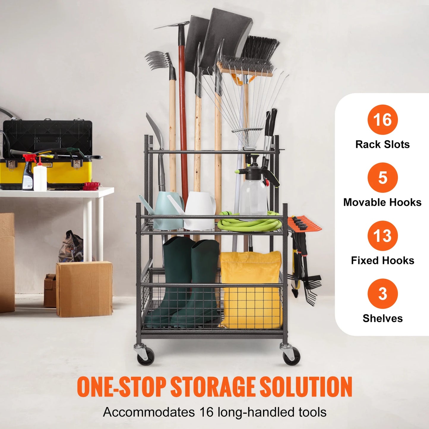 Garden Tool Organizer Rack With Hooks And Wheels For Garage