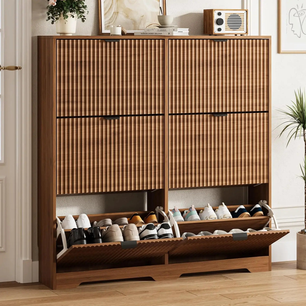 Walnut Fluted Shoe Cabinet With 6 Flip Drawers Adjustable Shelves Wooden