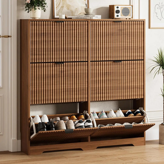 Walnut Fluted Shoe Cabinet With 6 Flip Drawers Adjustable Shelves Wooden