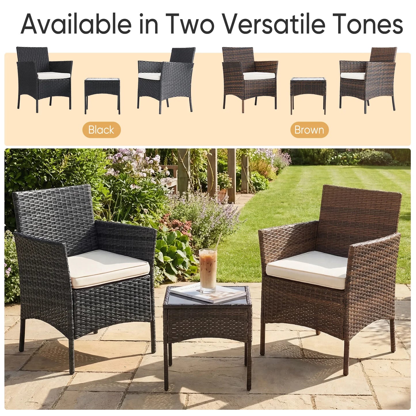 JHK Outdoor Patio Furniture Set Wicker Rattan Soft Cushions Glass Table