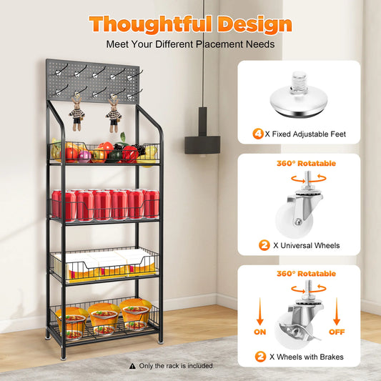 Four Tier Wire Snack Rack Storage Display Stand With Wheels