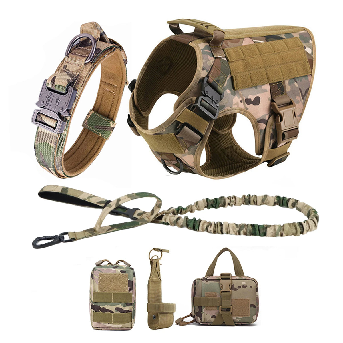 Tactical Nylon Dog Harness Collar With Molle Pouches For Large Pets