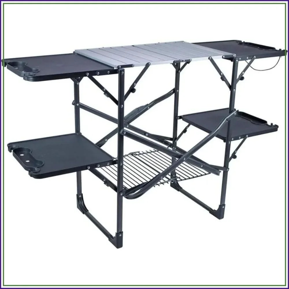 Portable Folding Outdoor Kitchen Table With Heat Resistant Top And Storage