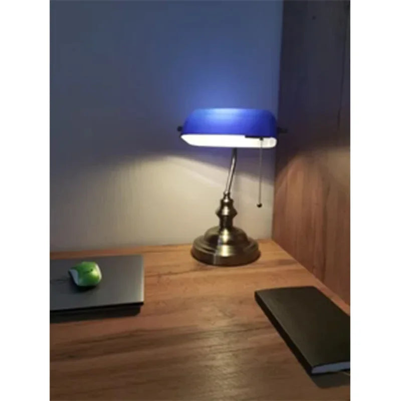 E27 Glass Iron Banker Desk Lamp With Zipper Switch For Office And Bedroom