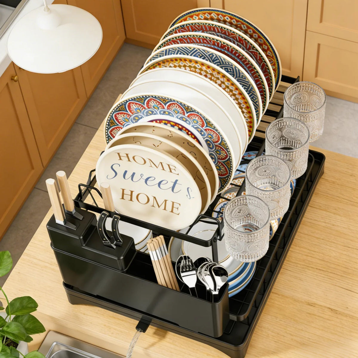 HiMISS Kitchen Countertop Dish Drying Rack With Drainage Tray