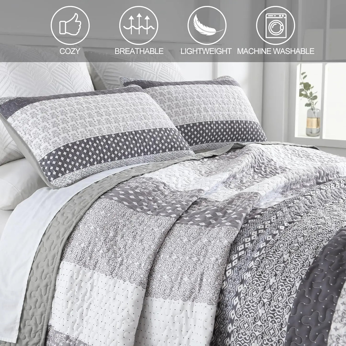 Bohemian Stripe Reversible Quilt Set 3 Piece Microfiber Polyester Cotton