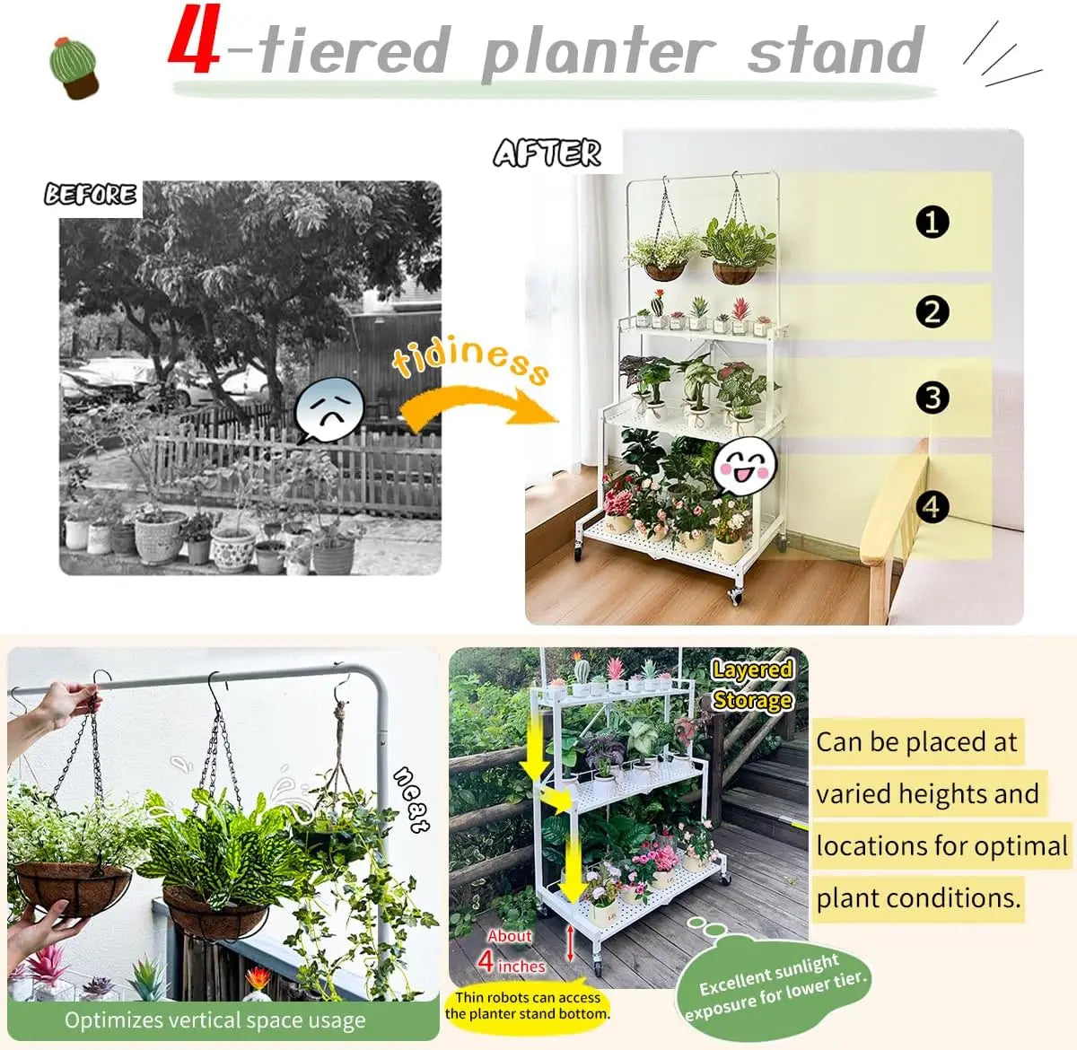 Foldable 4 Tier Plant Stand With Wheels No Assembly Needed