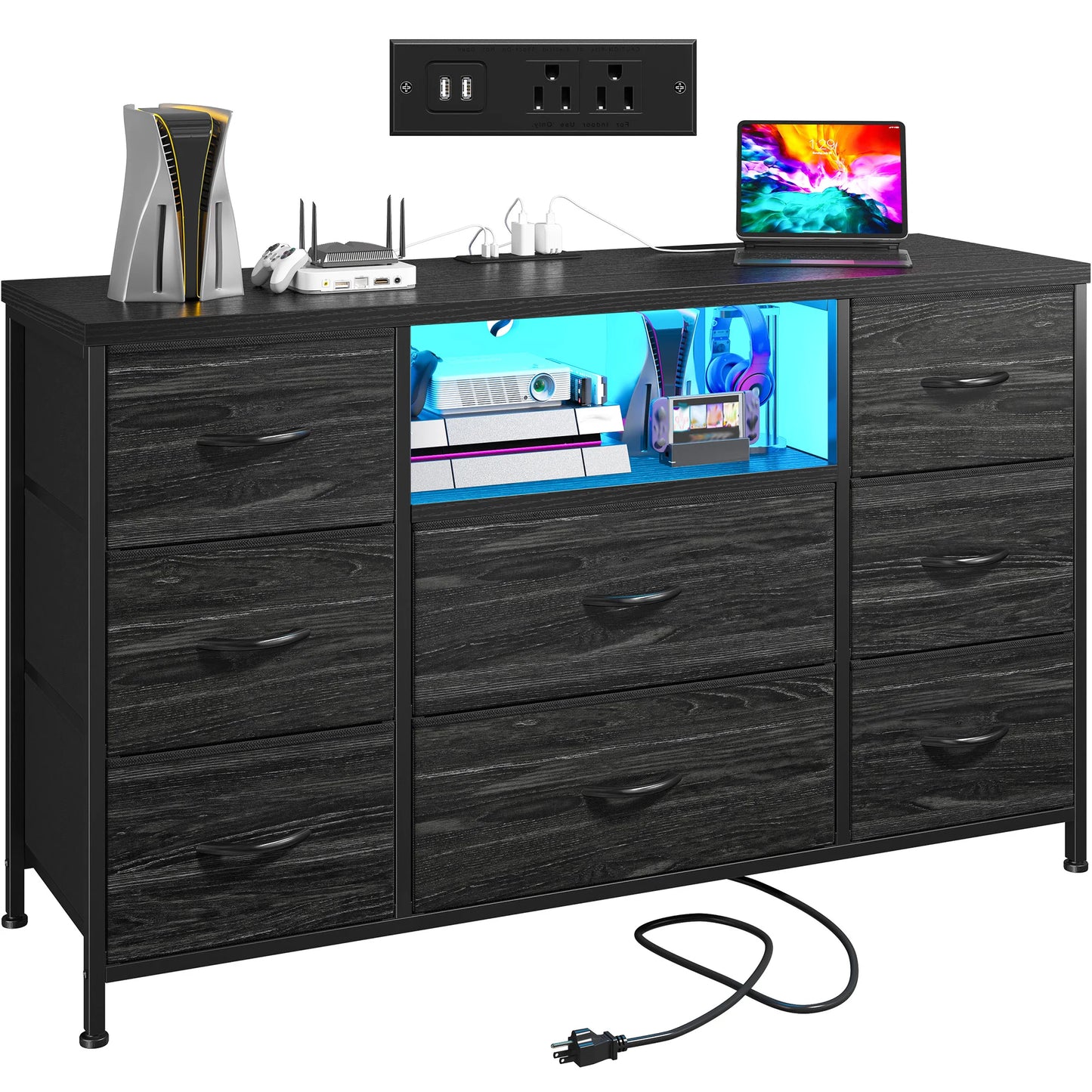 EnHomee 8 Drawer Media Dresser With Led Lighting And Charging