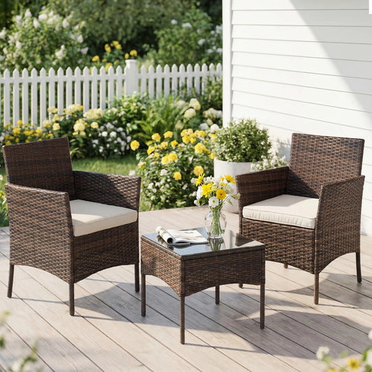 JHK Outdoor Patio Furniture Set Wicker Rattan Soft Cushions Glass Table