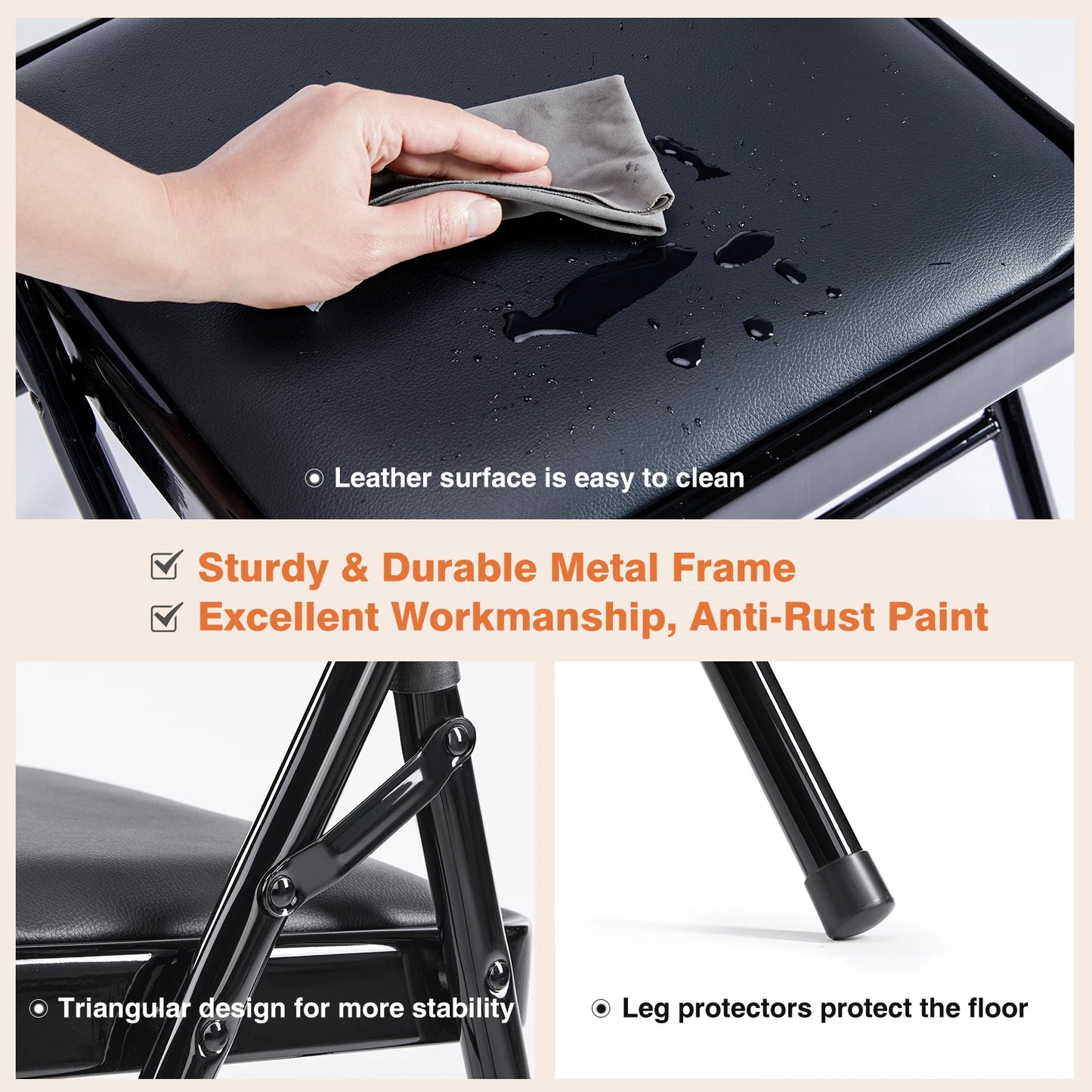 JHK Leather Padded Folding Chairs 4 Pack Metal Living Room Outdoor Home Office