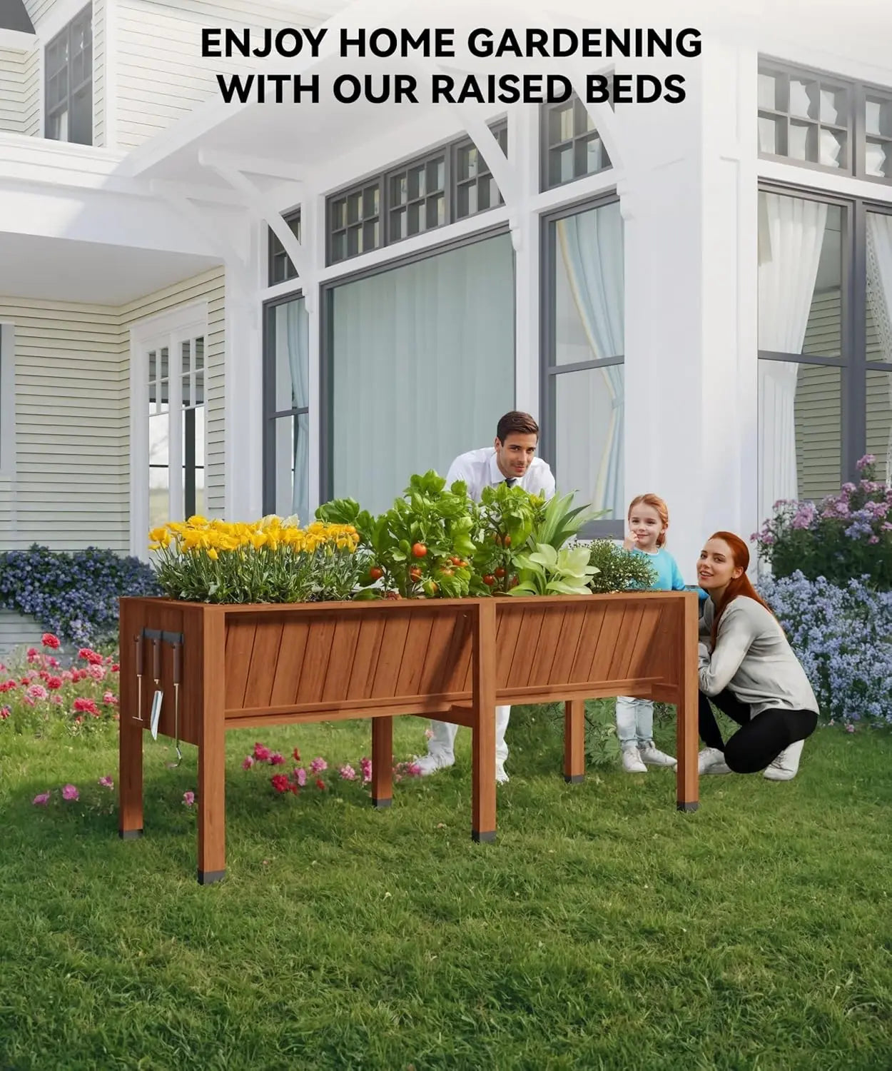 HiMISS Raised Wooden Garden Bed With Tool Hooks And Elevated Planter