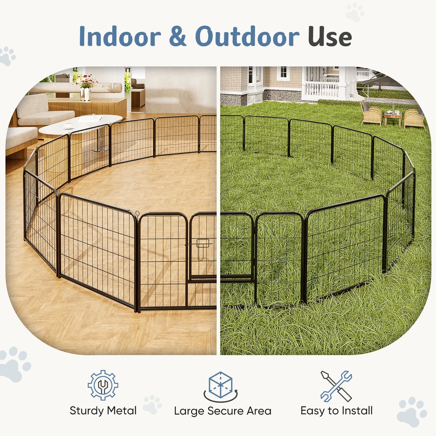 JHK 16 Panels Dog Playpen Metal Fence Foldable Outdoor Yard Gate