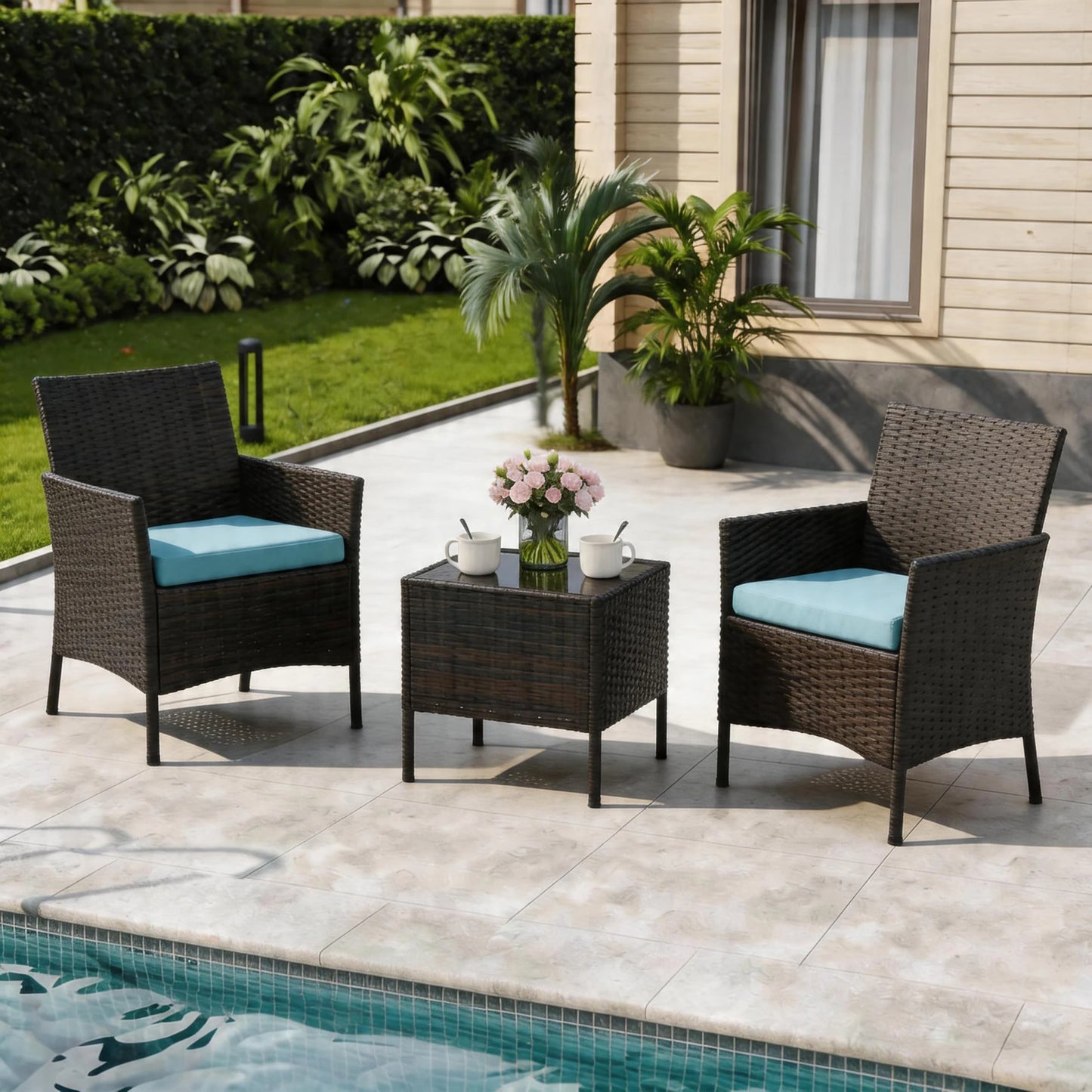 HiMISS Patio Furniture Set Rattan Wicker Chairs With Cushions And Glass Table