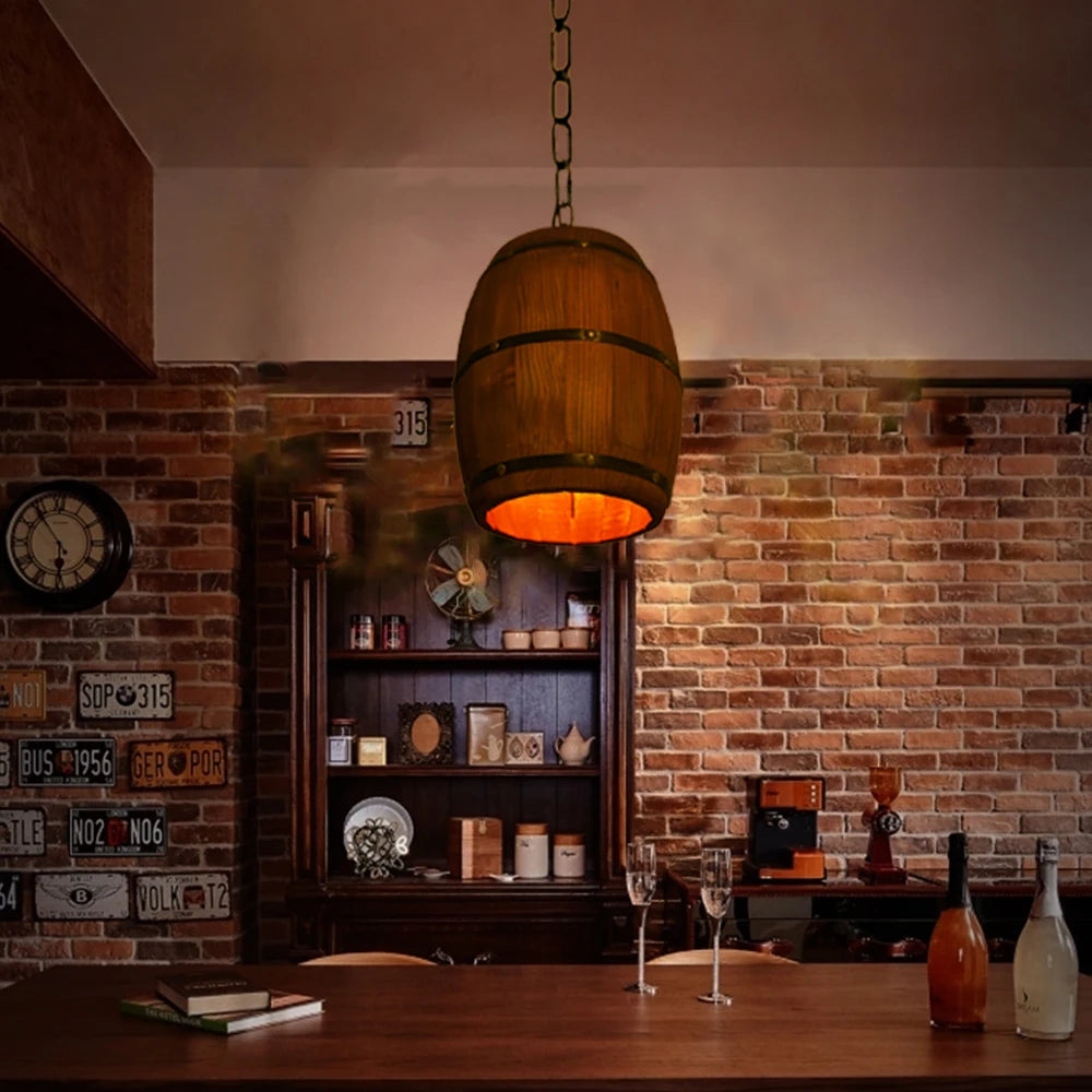 Retro Wood Wine Barrel Pendant Light For Bar Cafe Home