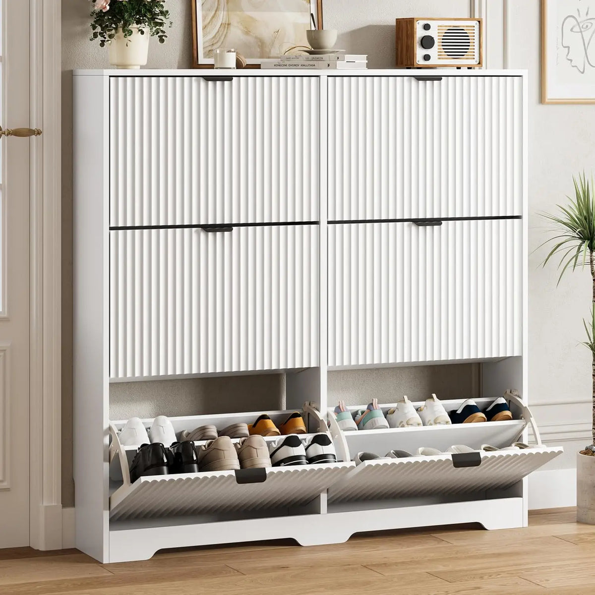 Walnut Fluted Shoe Cabinet With 6 Flip Drawers Adjustable Shelves Wooden