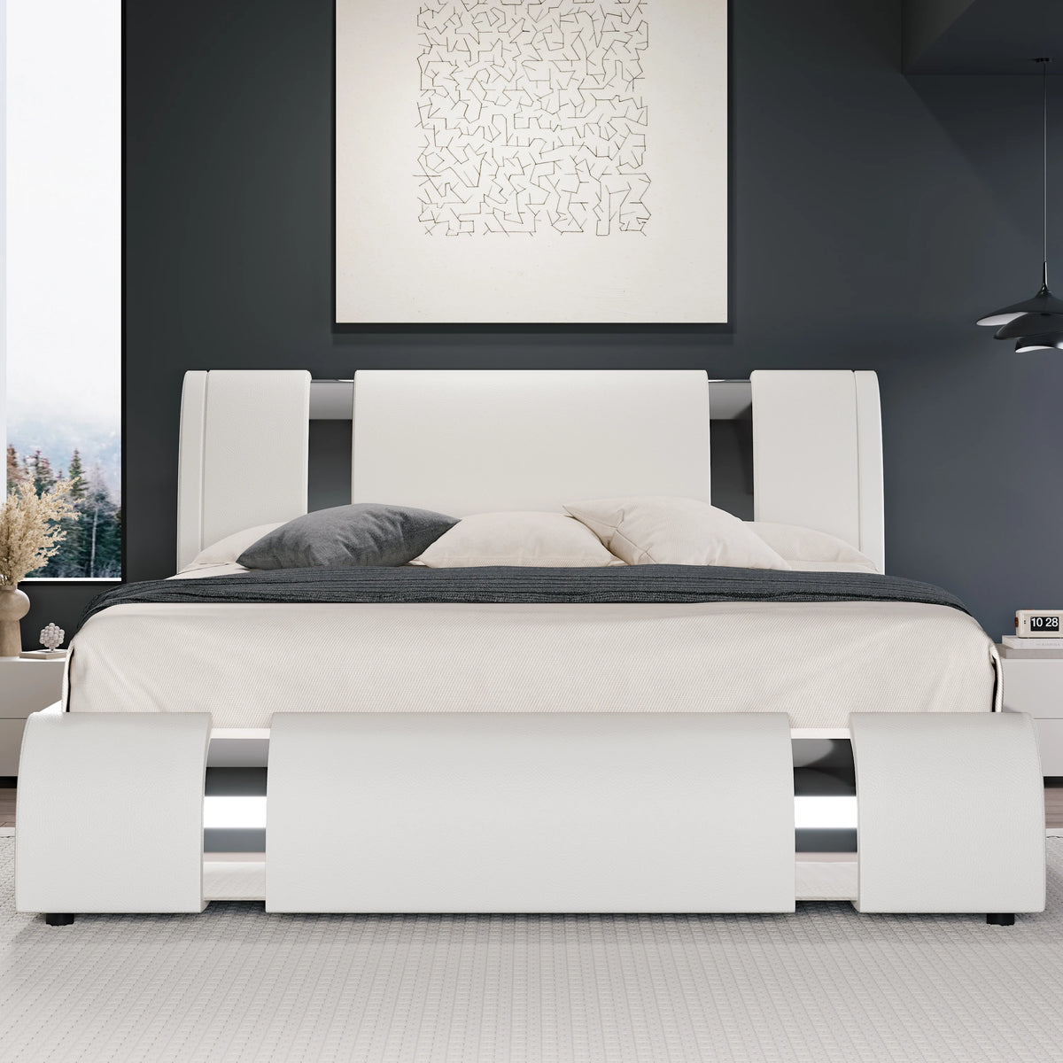 Hoomic Modern Faux Leather Platform Bed Frame With Iron Decor