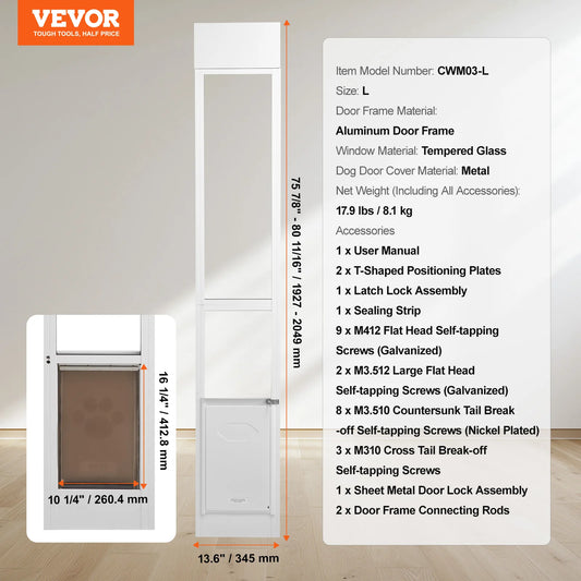 Succebuy Sliding Glass Dog Door Adjustable Aluminum Frame Tempered Glass