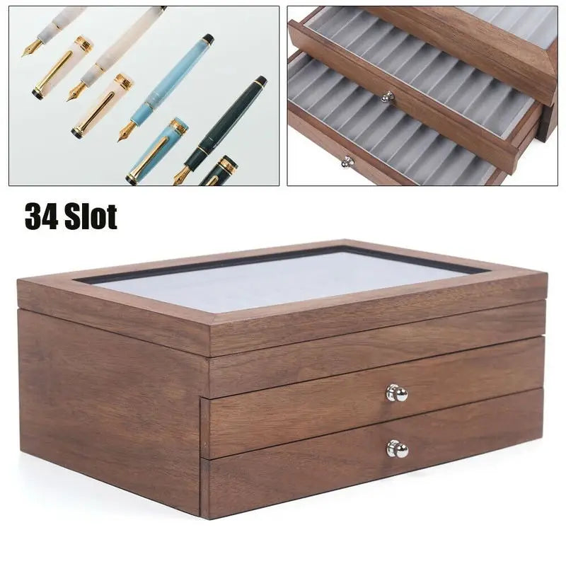 Wooden Pen Storage Case With Drawer For Stationery Display