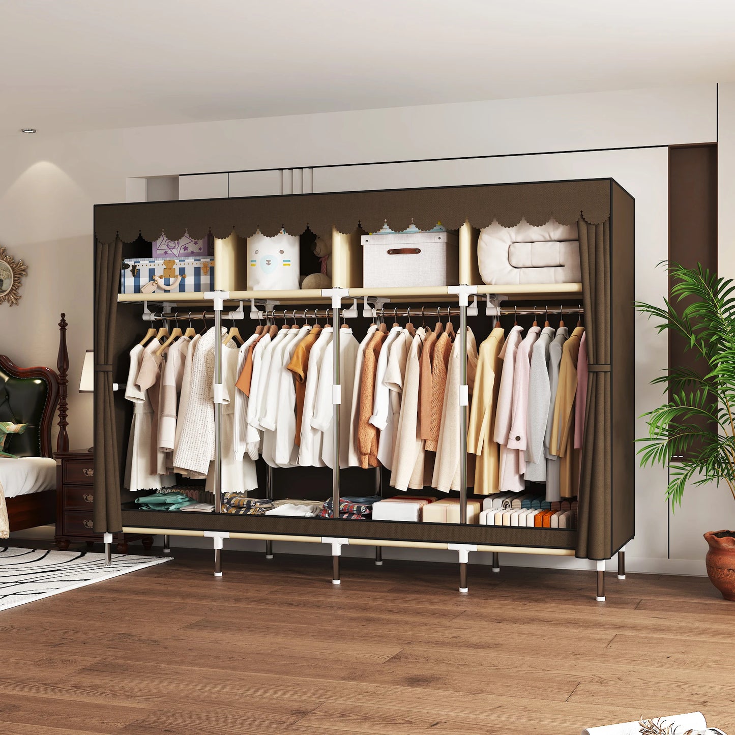 ArluKin Heavy Duty Fabric Wardrobe With 4 Hanging Rods And Storage Spaces