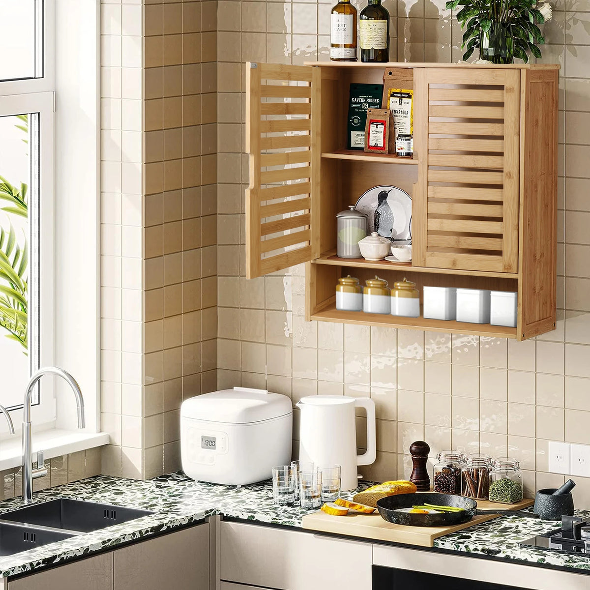Bamboo Bathroom Wall Cabinet With Double Door And Adjustable Shelves