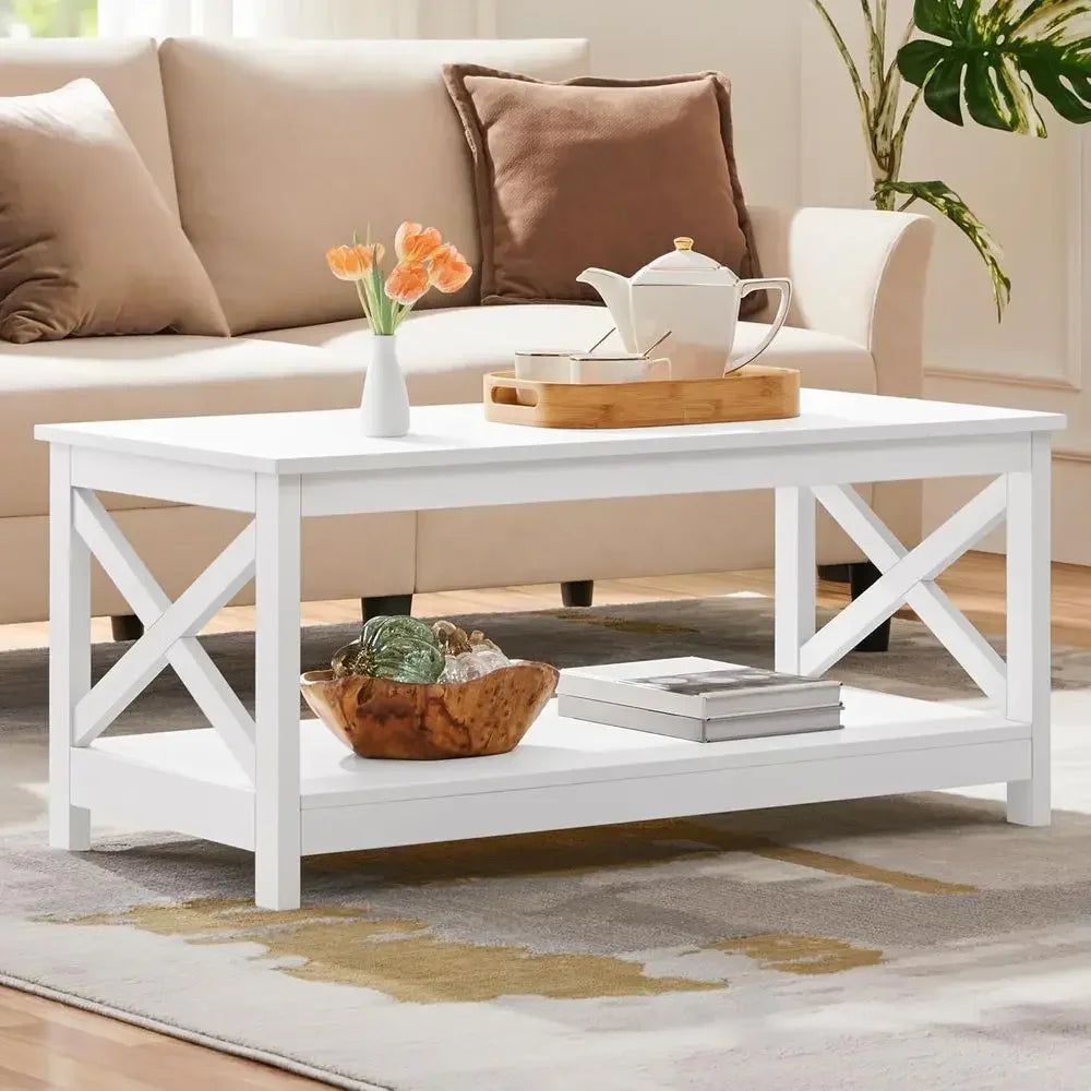 Wood 2-Tier Coffee Table With Storage Shelves Modern X Design