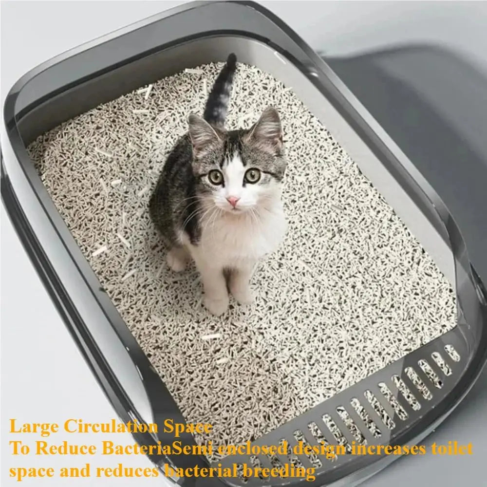 Semi-Enclosed Cat Litter Box With High Sides For Indoor Use