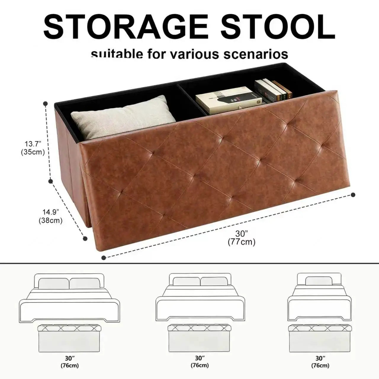 Tufted Faux Leather Storage Bench Ottoman With Folding Footrest