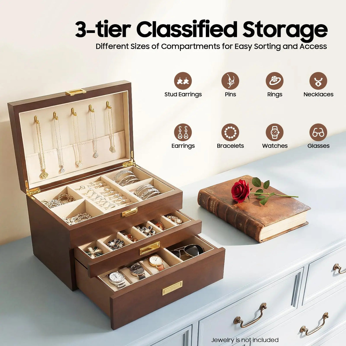 Bymaocar Three-Tier Bamboo Jewelry Box With Drawers