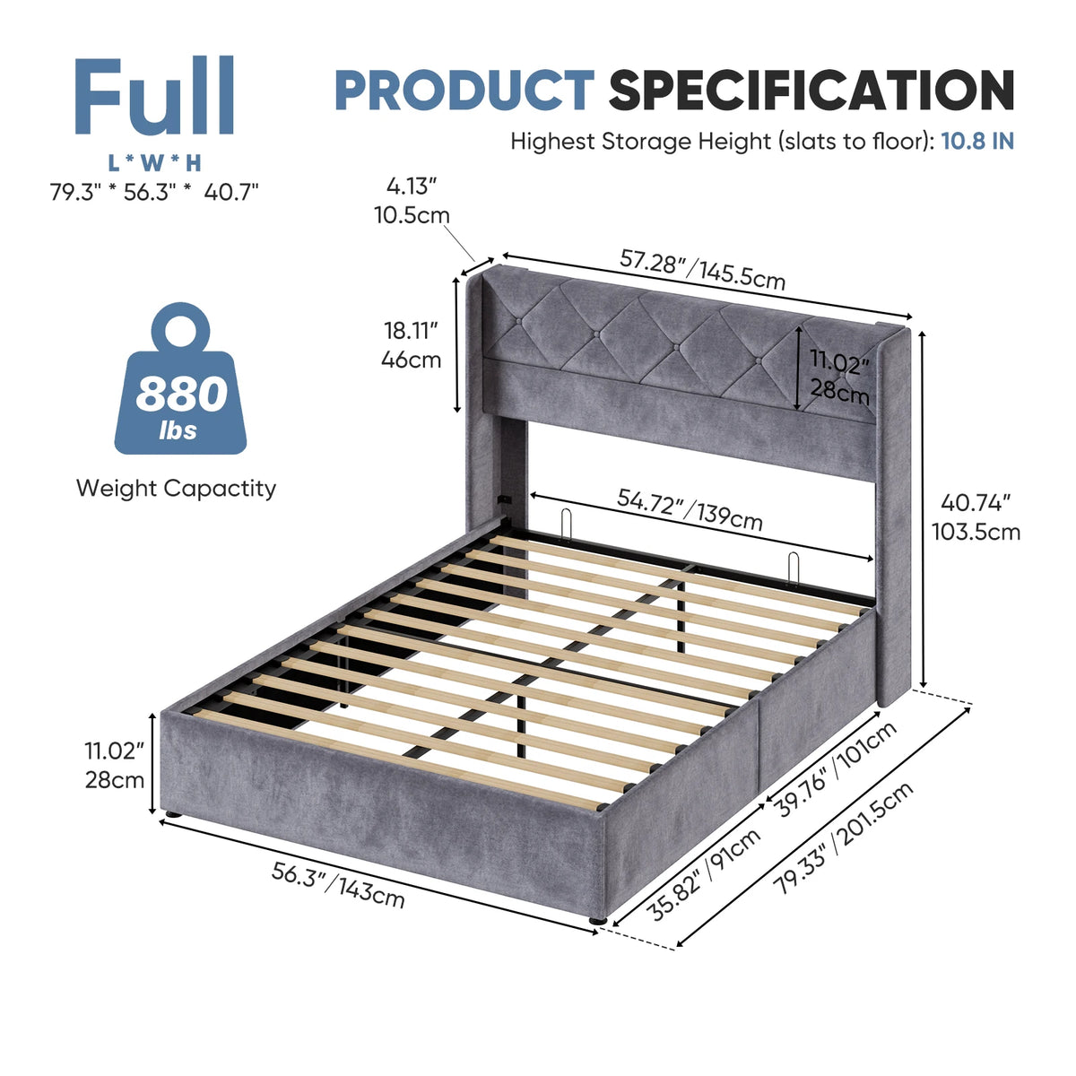 JHK Modern Hydraulic Lift Up Upholstered Storage Bed