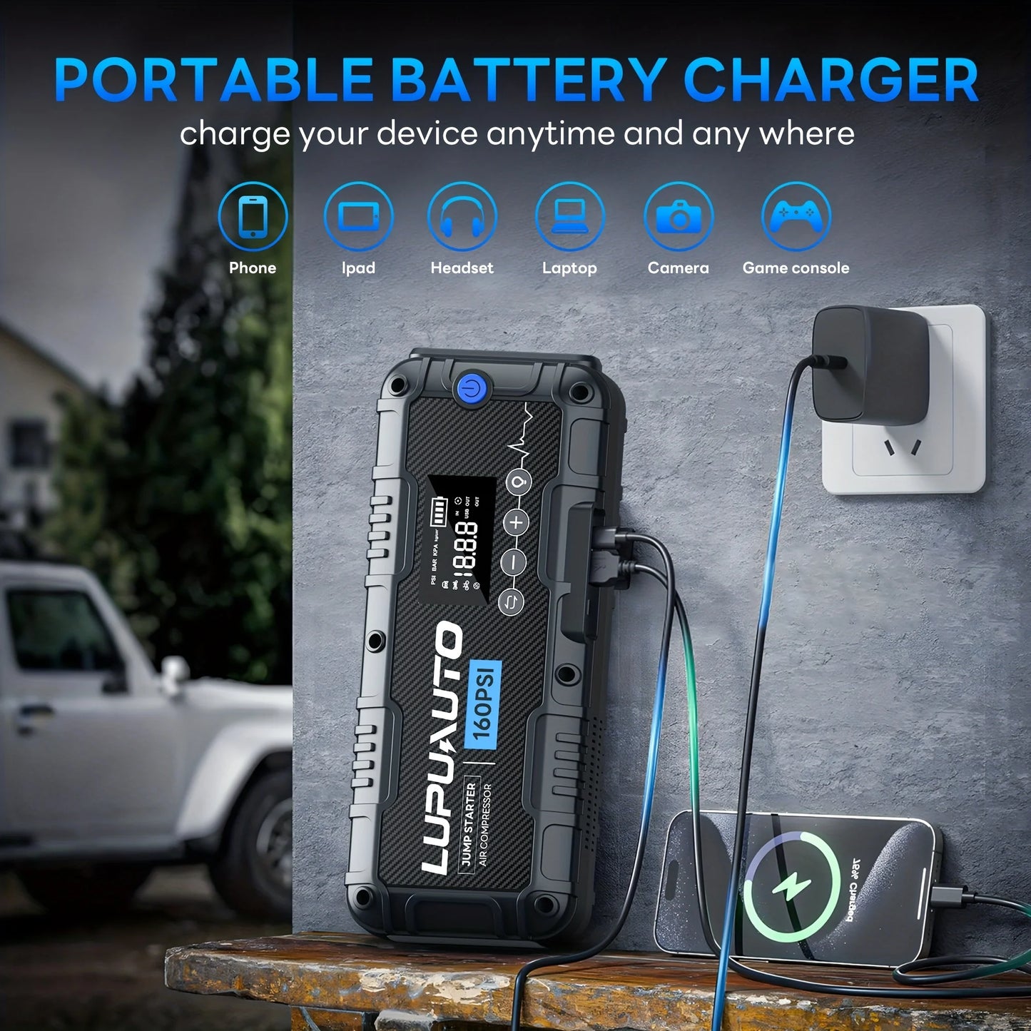 4 In 1 Car Jump Starter 4000A With LED Light Power Bank Tire Inflator