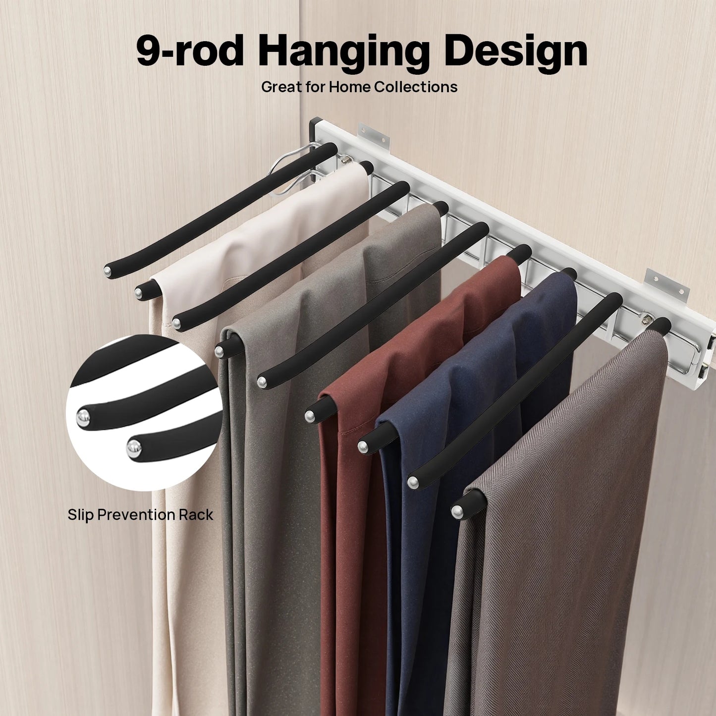 Bymaocar Pull Out Pants Rack 9 Rods Wall Mount Organizer