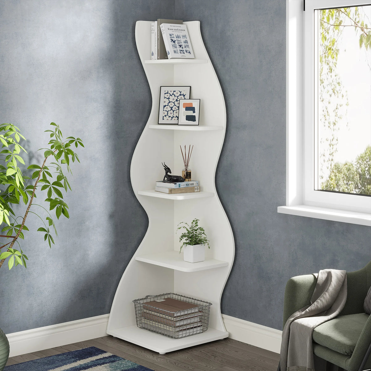 Tribesigns Modern Wooden Corner Bookshelf For Home Office Storage