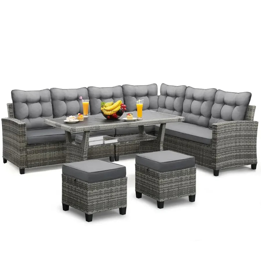 XMSJ All Weather Patio Furniture Set Outdoor Sectional Sofa With Dining Table