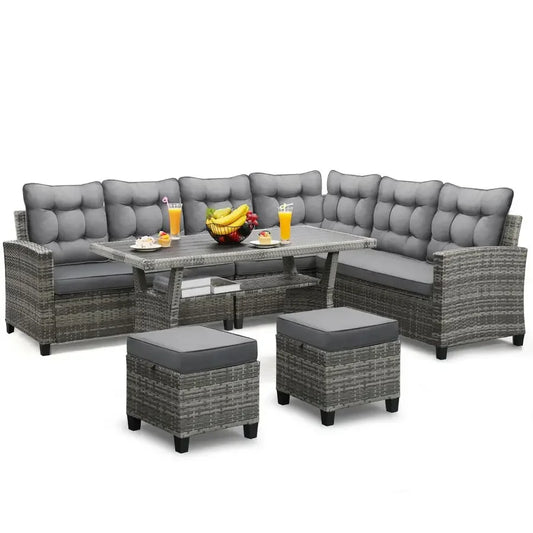 XMSJ All Weather Patio Furniture Set Outdoor Sectional Sofa With Dining Table