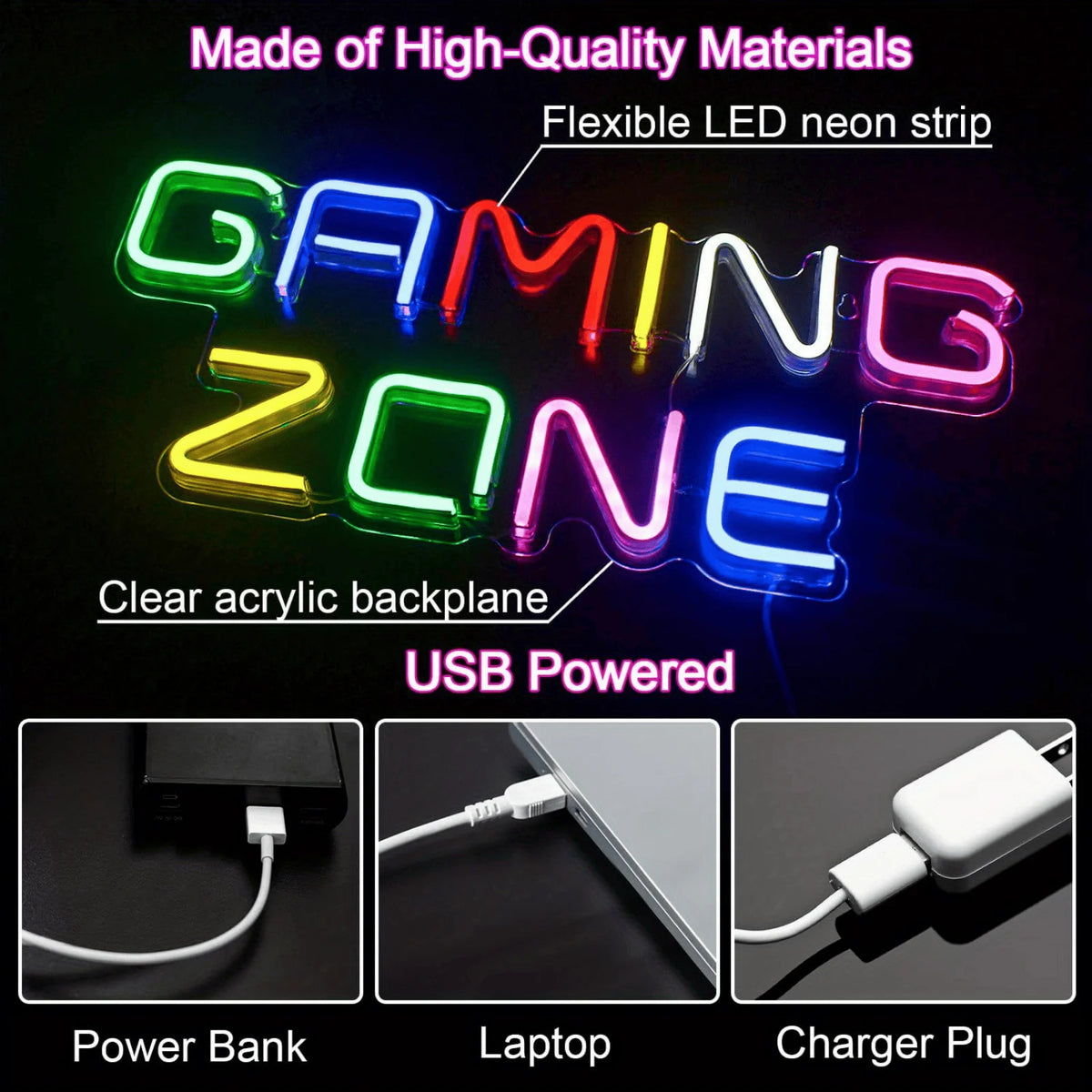 Gaming Zone LED Neon Sign USB Powered Indoor Wall Decor