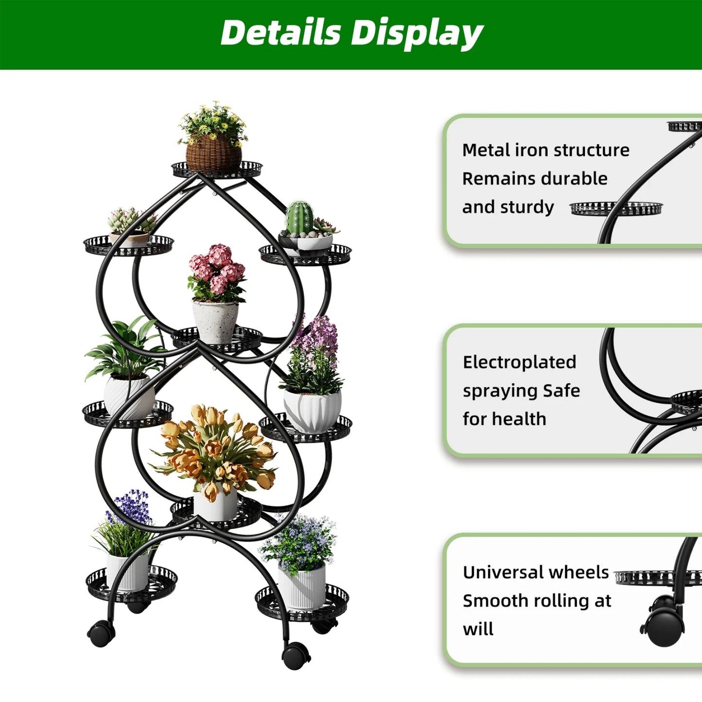 9 Tier Metal Plant Stand With Wheels For Balcony Garden