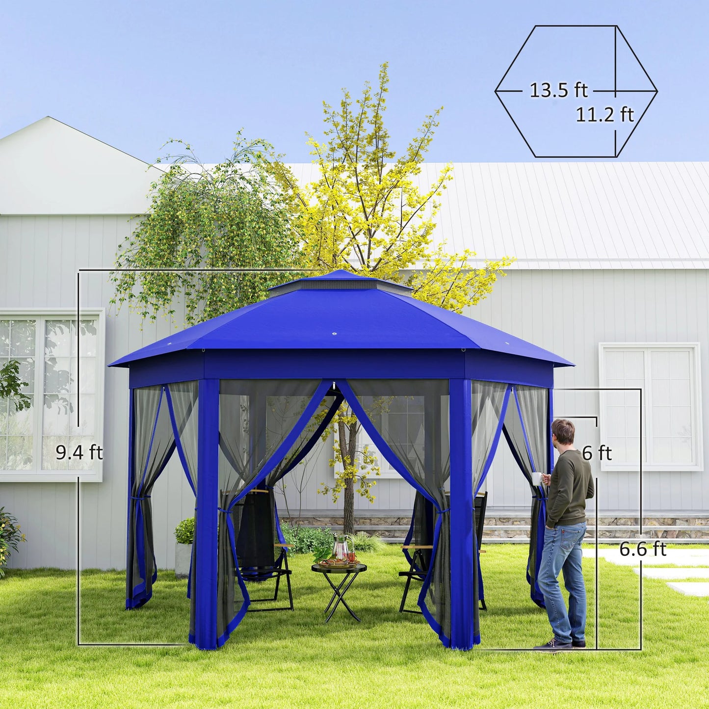 Pop Up Gazebo Hexagonal Canopy Shelter With Zippered Mesh Netting