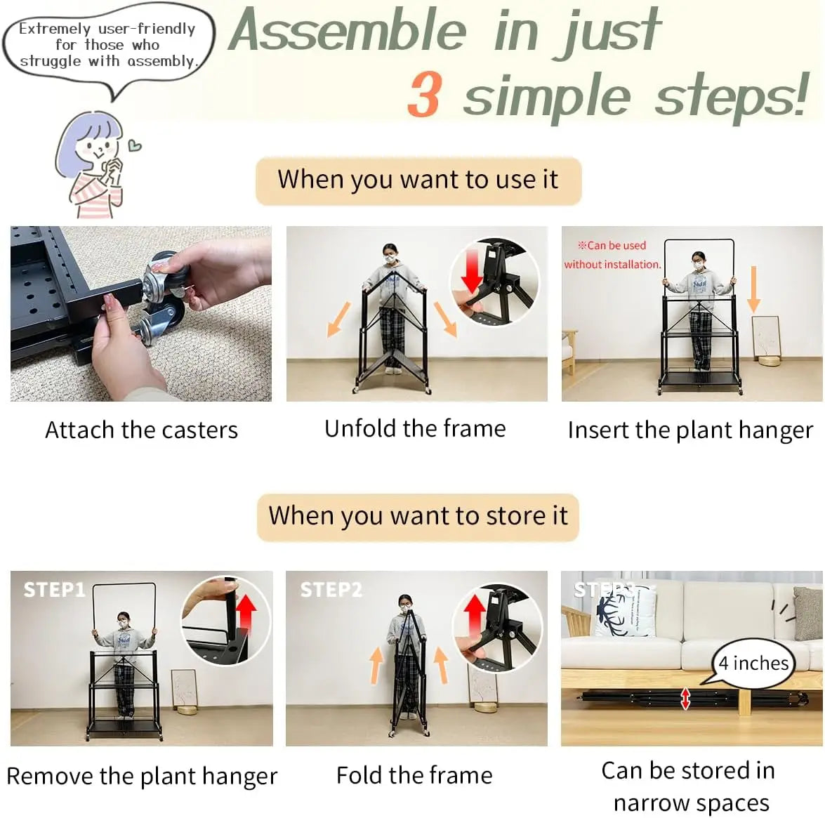 Foldable 4 Tier Plant Stand With Wheels No Assembly Needed