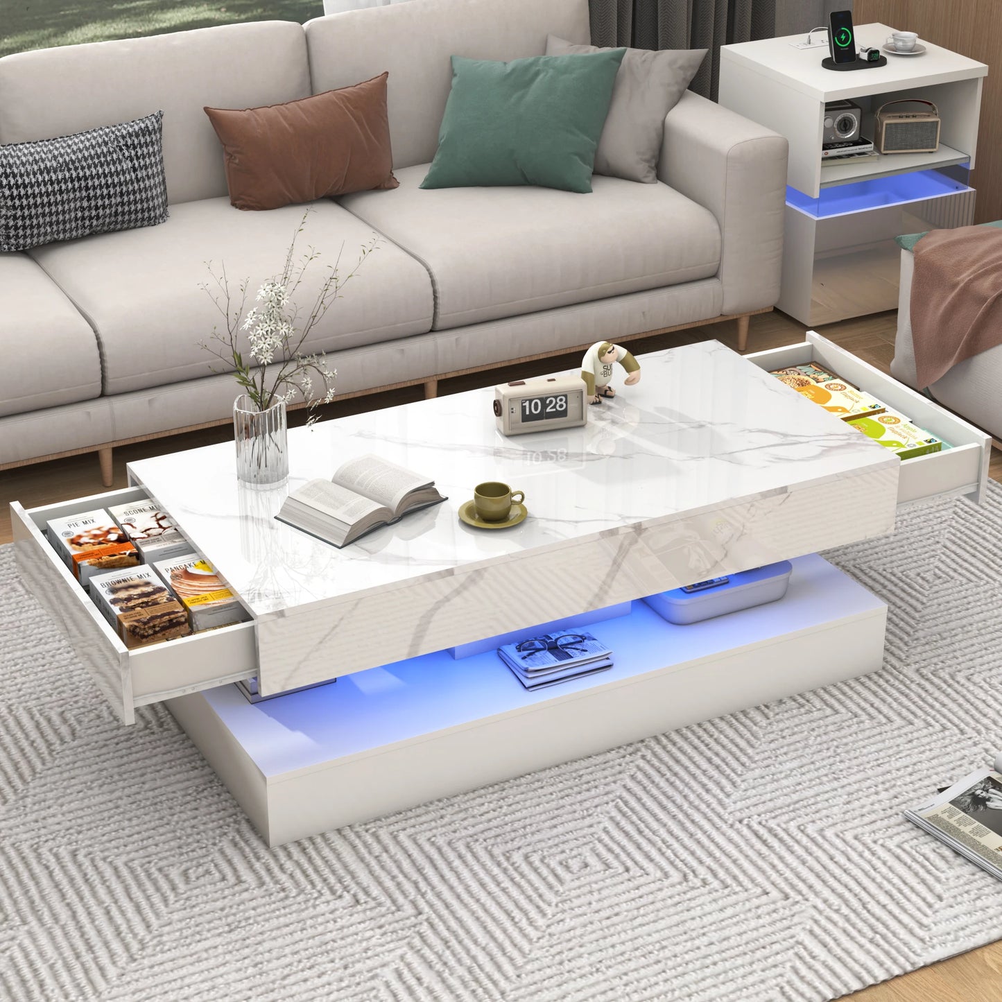 QiaoShiRen Modern LED Coffee Table With Double Layer Storage Drawers