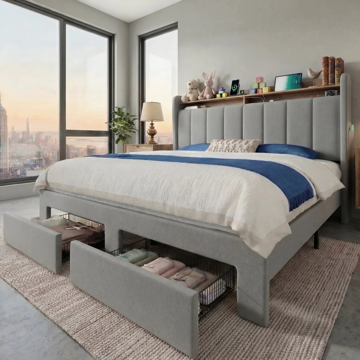 Hoomic Bed Frame With Led Lights Storage Drawers And Charger