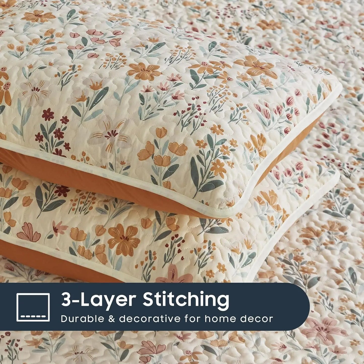 Floral Quilt Set 3 Piece Reversible Lightweight Bedspread Coverlet