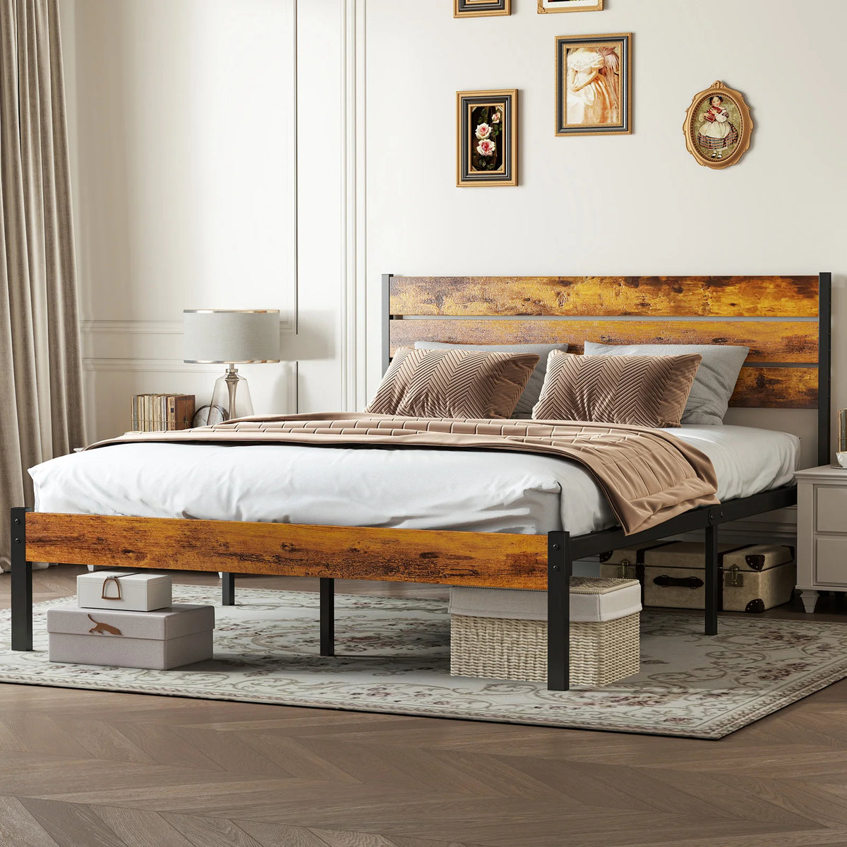 MCQ Heavy Duty Metal Platform Bed Frame With Wooden Headboard