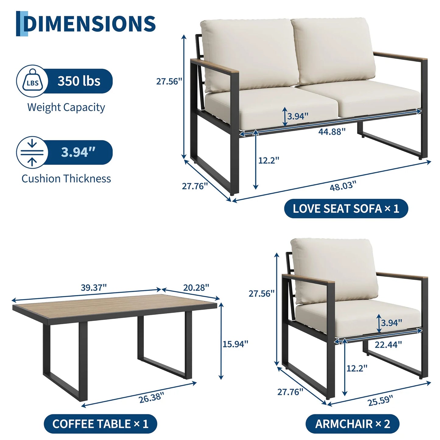 HobbyLane Modern 4-Piece Patio Furniture Set With Coffee Table