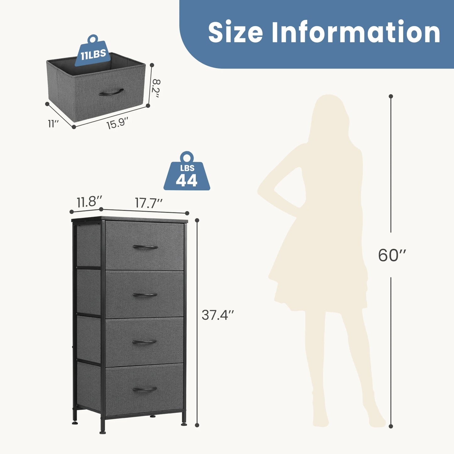 JHK Dresser For Bedroom With Four Fabric Drawers Steel Frame