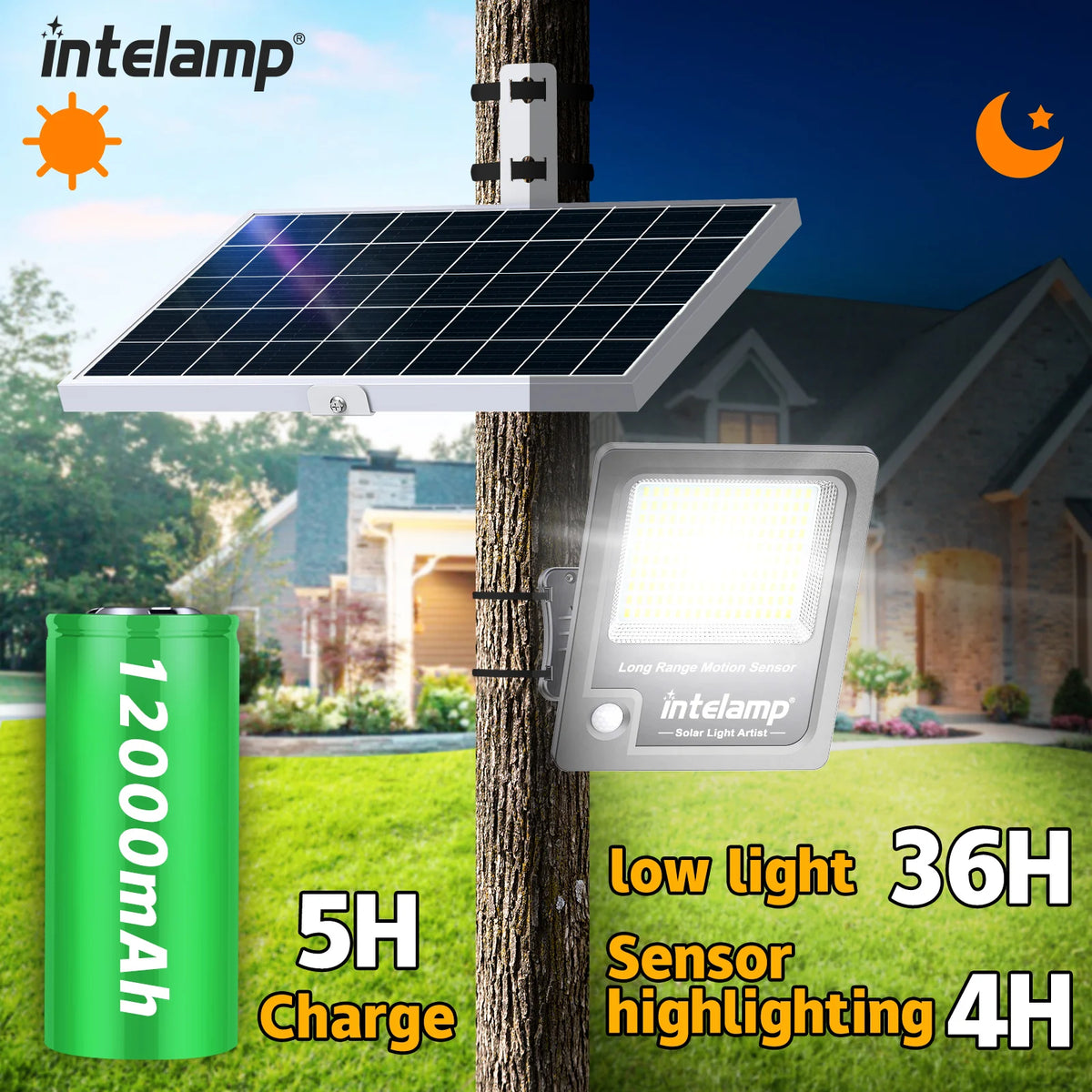 Intelamp Dual Sensor Outdoor Solar Light With 12000mAh Battery